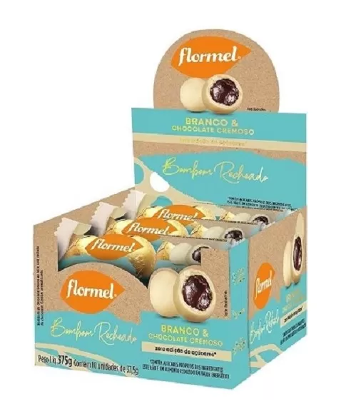 BOMBOM REDONDO BRANCO RECHEADO CHOCOLATE 10X37,5G - FLORMEL